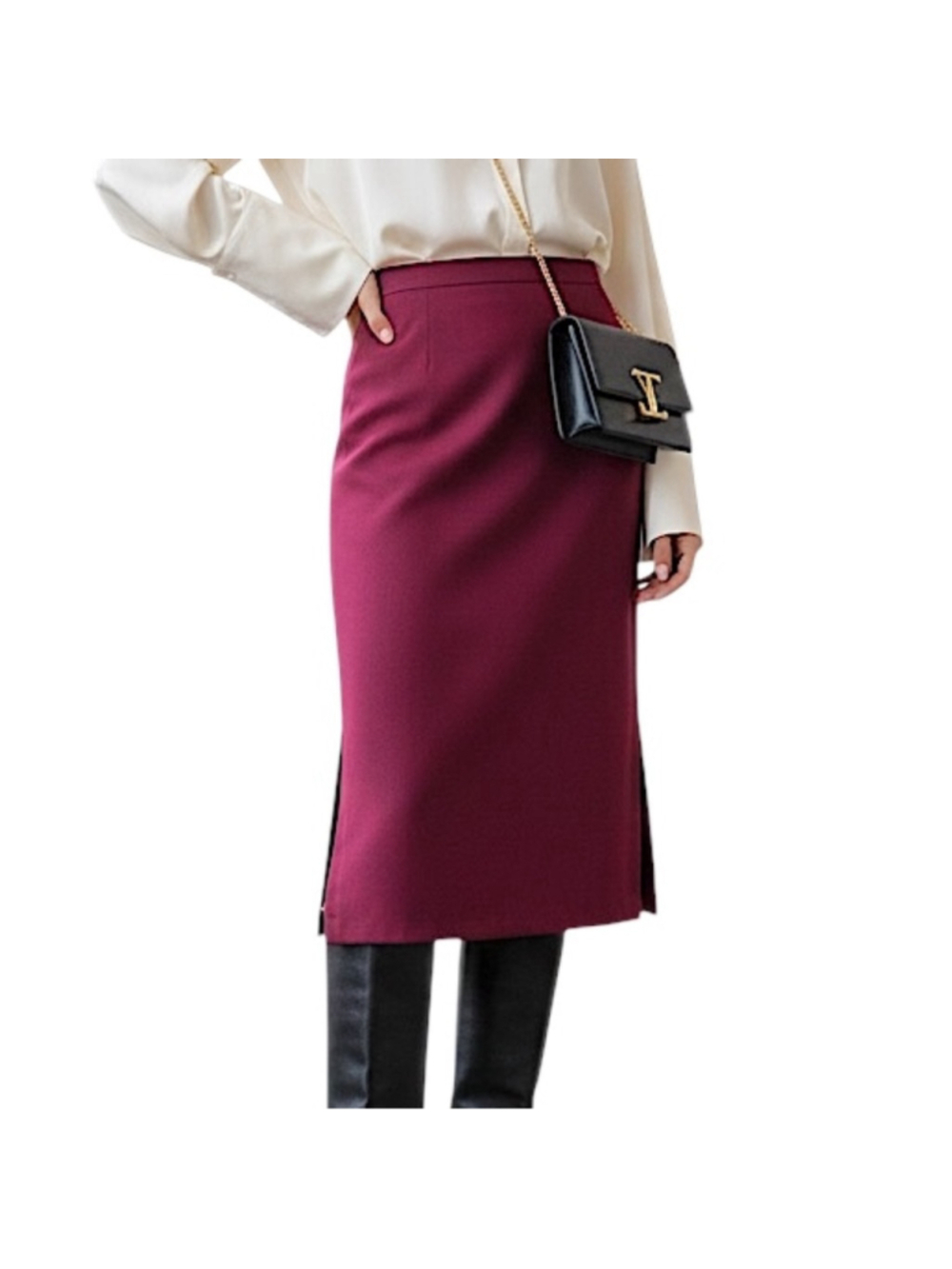 Vintage 70s a line burgundy double knit polyester old money retro midi skirt 14